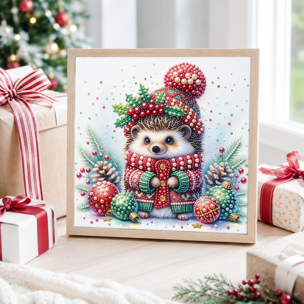 Hedgehog in a Holly Bobble Hat pearl painting – image 4