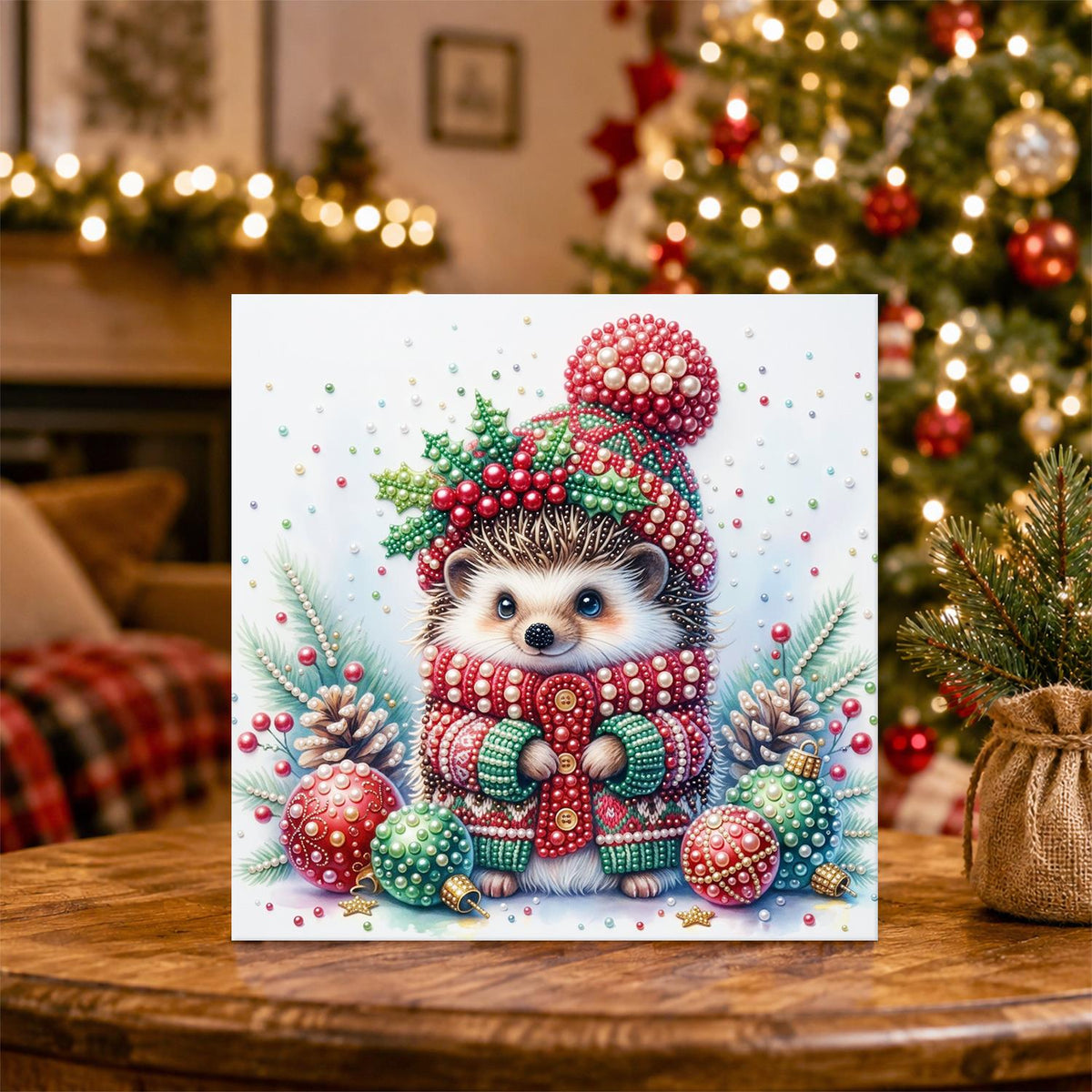 Hedgehog in a Holly Bobble Hat pearl painting – image 5
