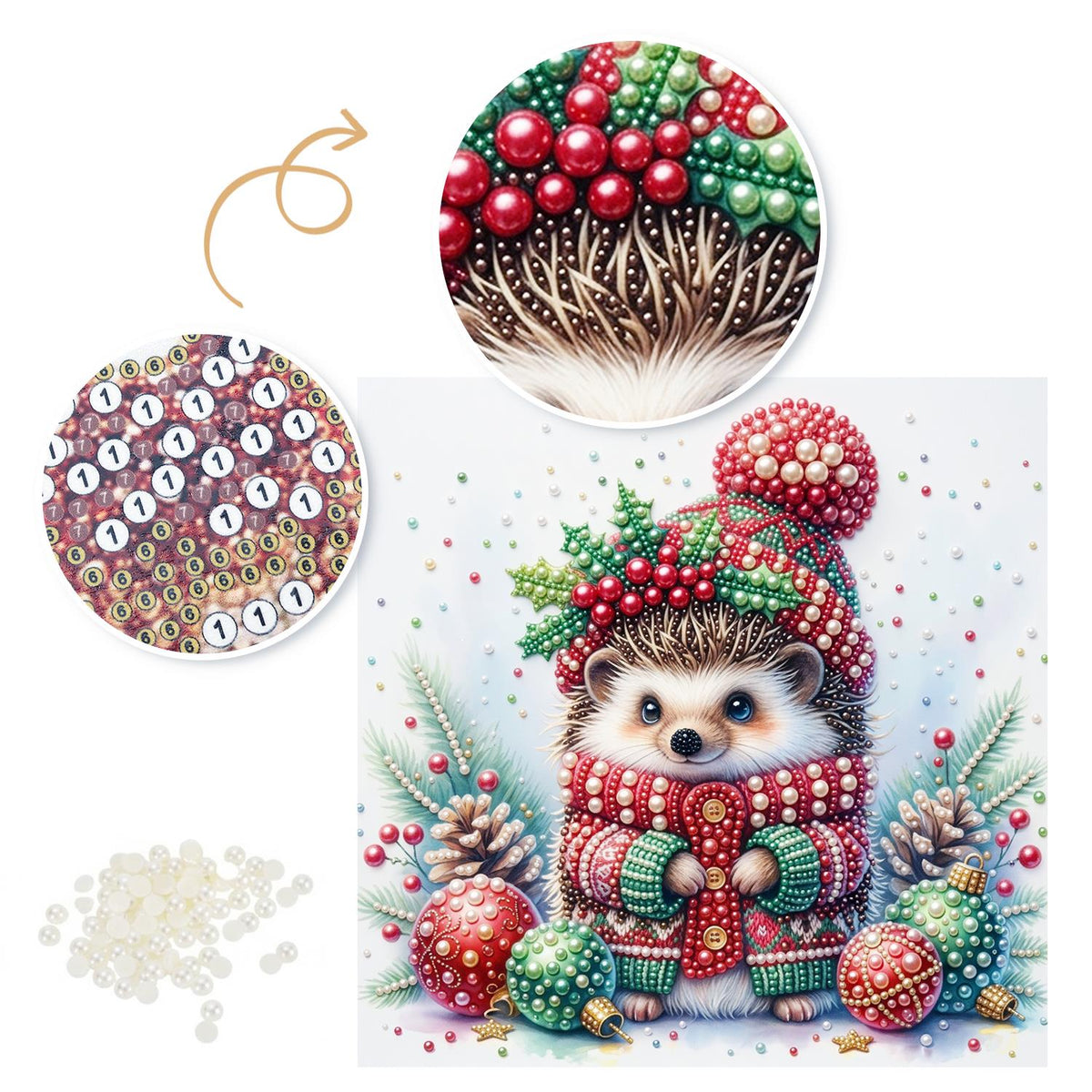 Hedgehog in a Holly Bobble Hat pearl painting – image 6