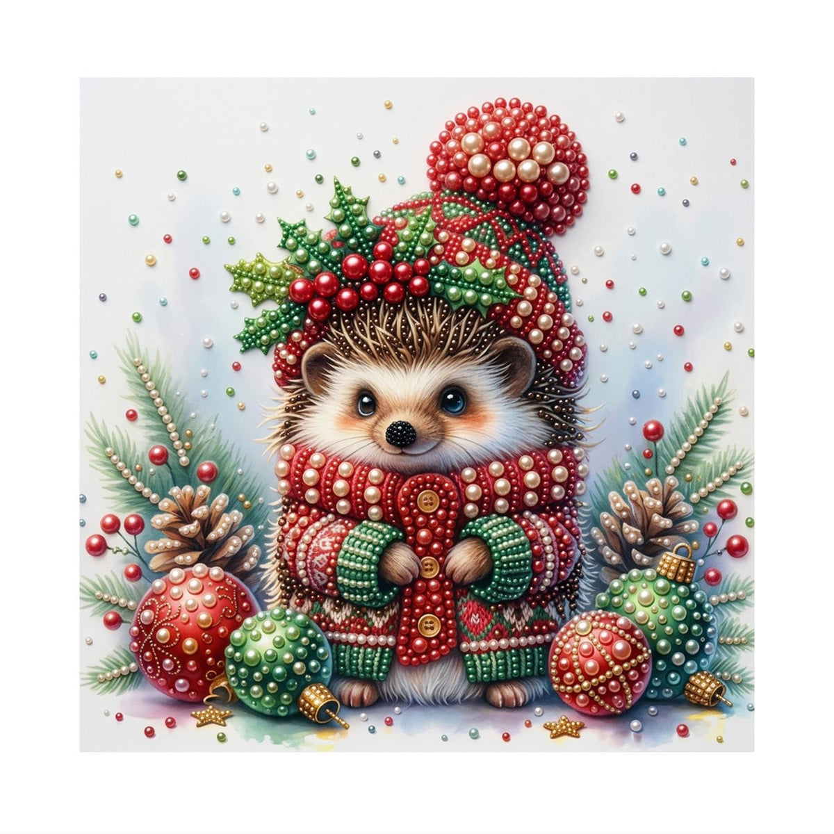 Hedgehog in a Holly Bobble Hat pearl painting – image 11