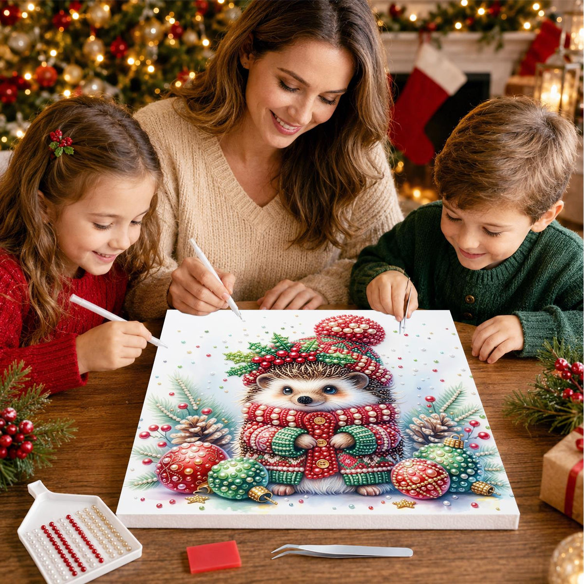 Hedgehog in a Holly Bobble Hat pearl painting – image 15