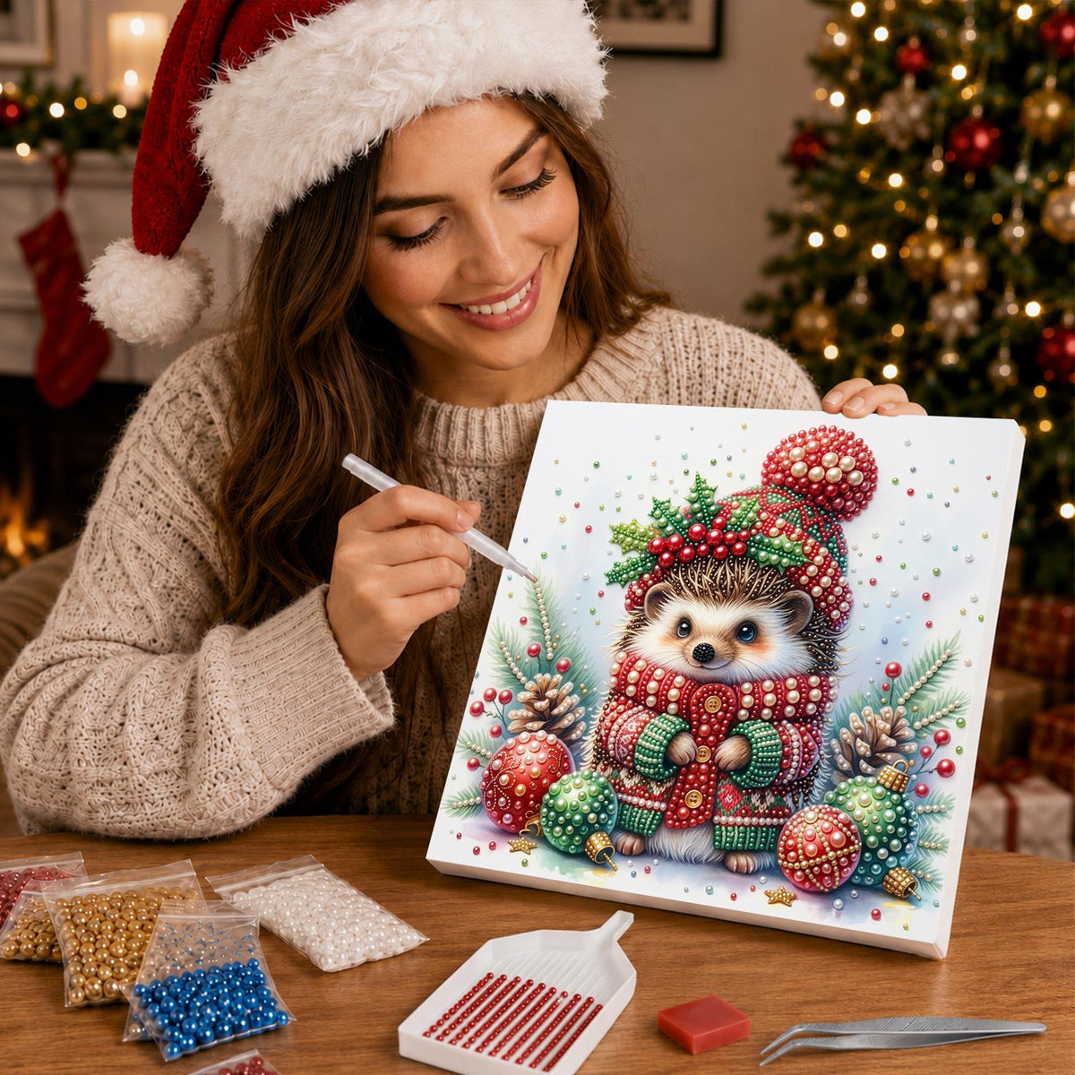 Hedgehog in a Holly Bobble Hat pearl painting – image 16