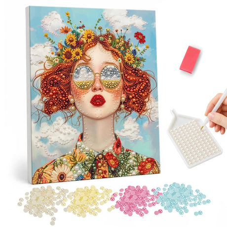 Redhead with a Wildflower Crown pearl painting – Freckled woman with red curly hair, round sunglasses and red lips wearing a crown of wildflowers on a cloudy sky