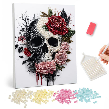 Crimson and Blush Rose Skull pearl painting – Skull wearing a red rose with pink roses below, set in black ink splashes and drips on white