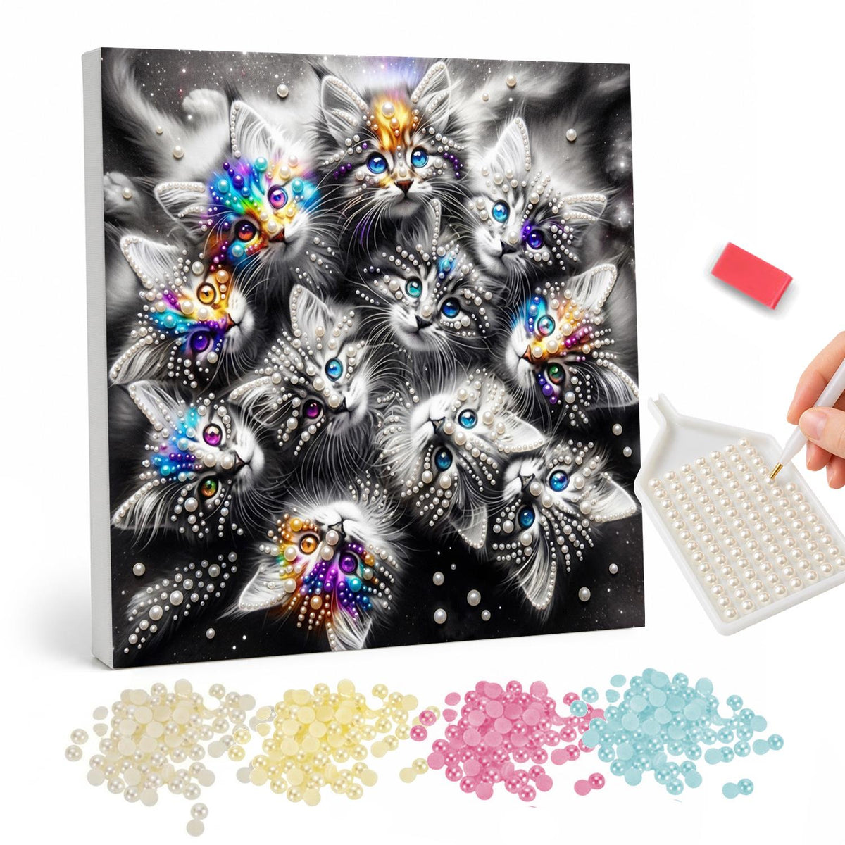 Silver Tabby Kitten Huddle pearl painting – Crowd of fluffy gray tabby kittens with blue eyes, some lit with rainbow sparkles, on a dark background