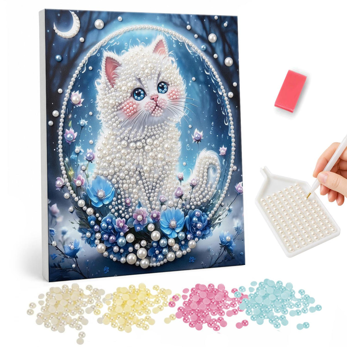 Kitten in a Moonlit Bubble pearl painting – Fluffy white kitten with blue eyes sitting in a beaded circle among blue flowers under a crescent moon
