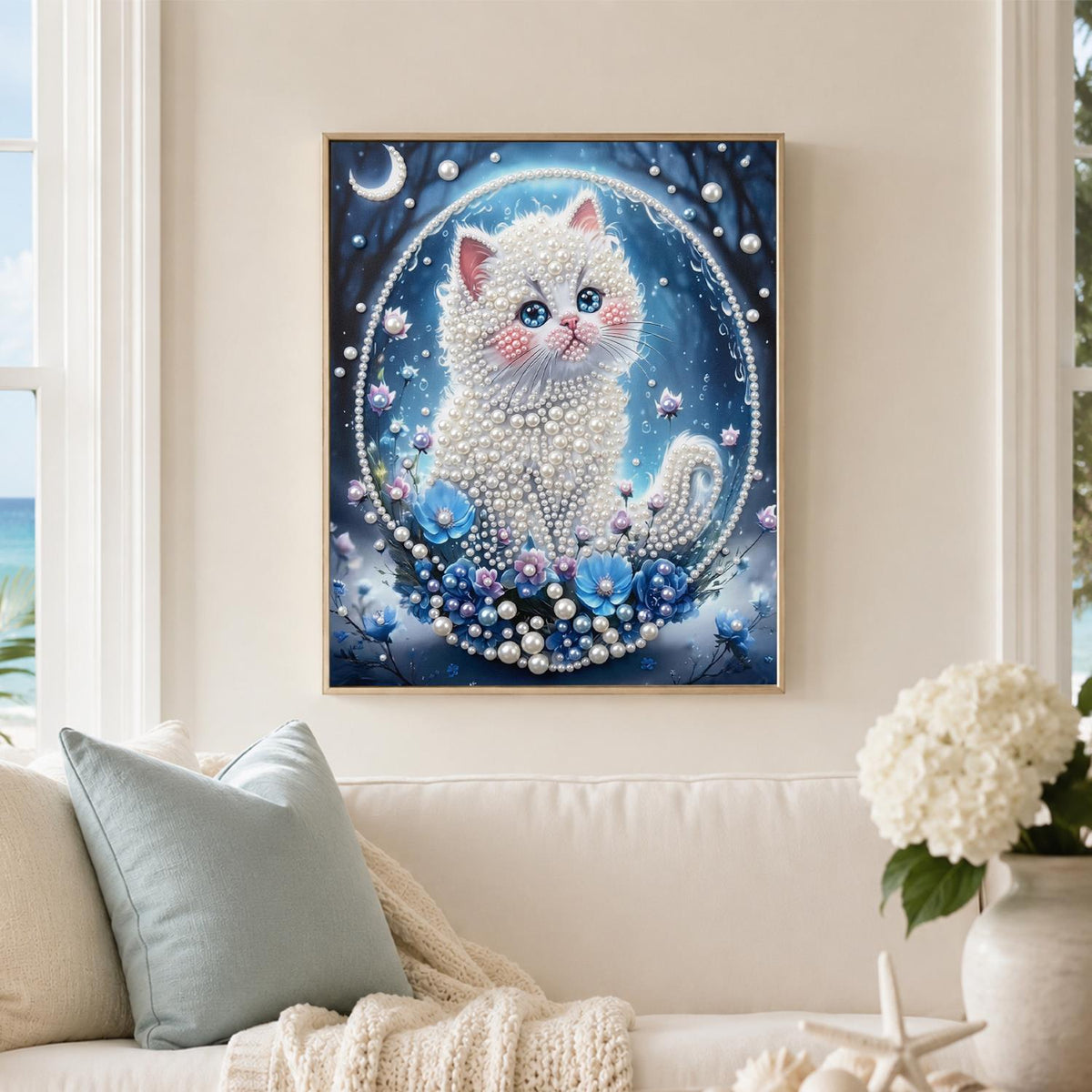 Kitten in a Moonlit Bubble pearl painting – image 3