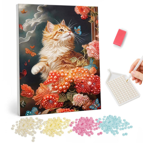 Ginger Cat Eyeing a Blue Butterfly pearl painting – Fluffy ginger cat gazing up at a blue butterfly among red and coral peonies on a dark smoky background