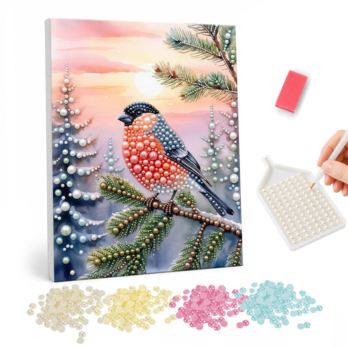Bullfinch at a Pink Winter Dusk pearl painting – Single bullfinch on an evergreen branch against a pink sunset with snowy trees
