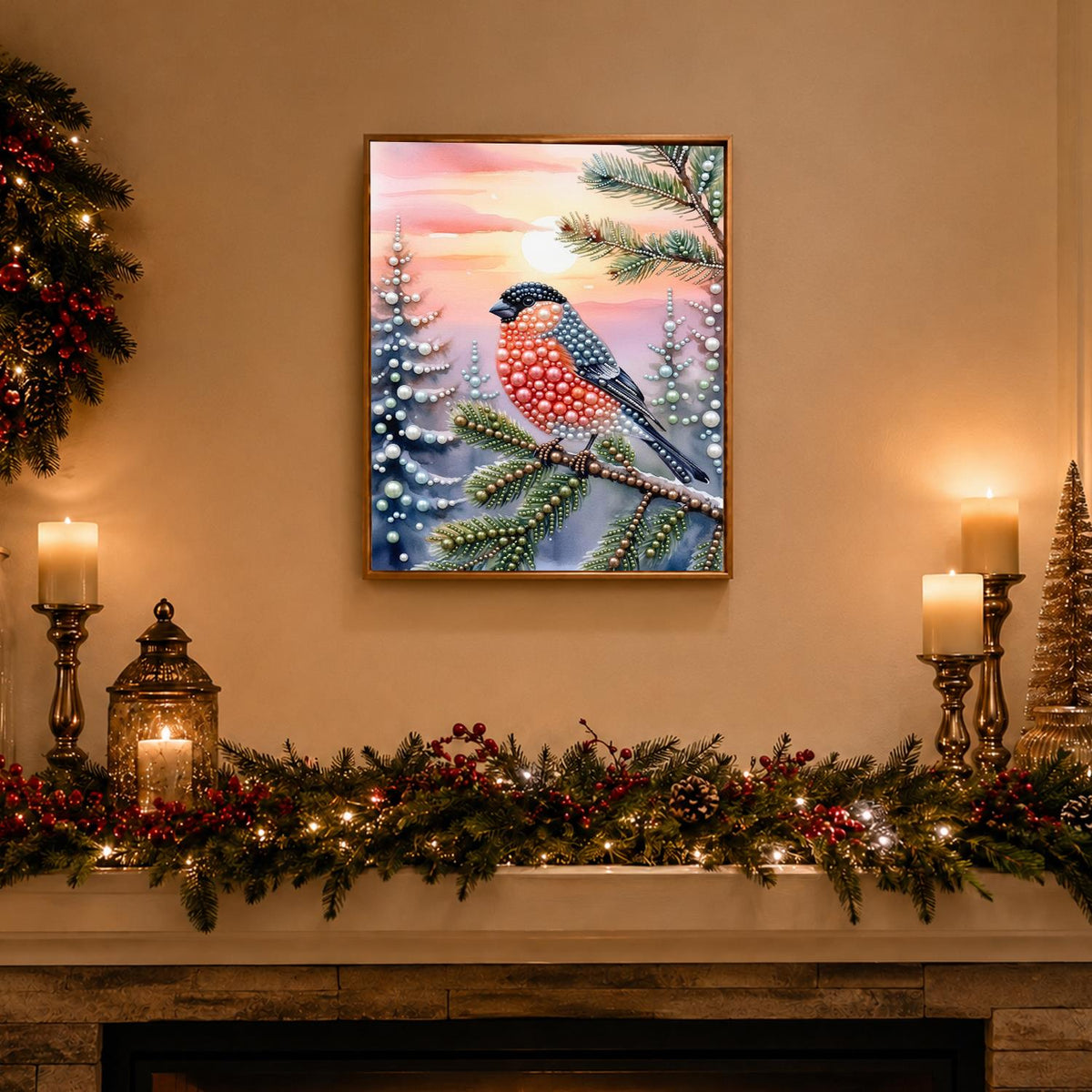 Bullfinch at a Pink Winter Dusk pearl painting – image 3