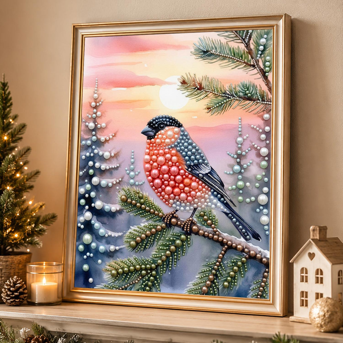 Bullfinch at a Pink Winter Dusk pearl painting – image 4
