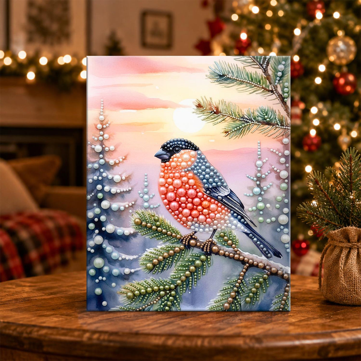 Bullfinch at a Pink Winter Dusk pearl painting – image 5