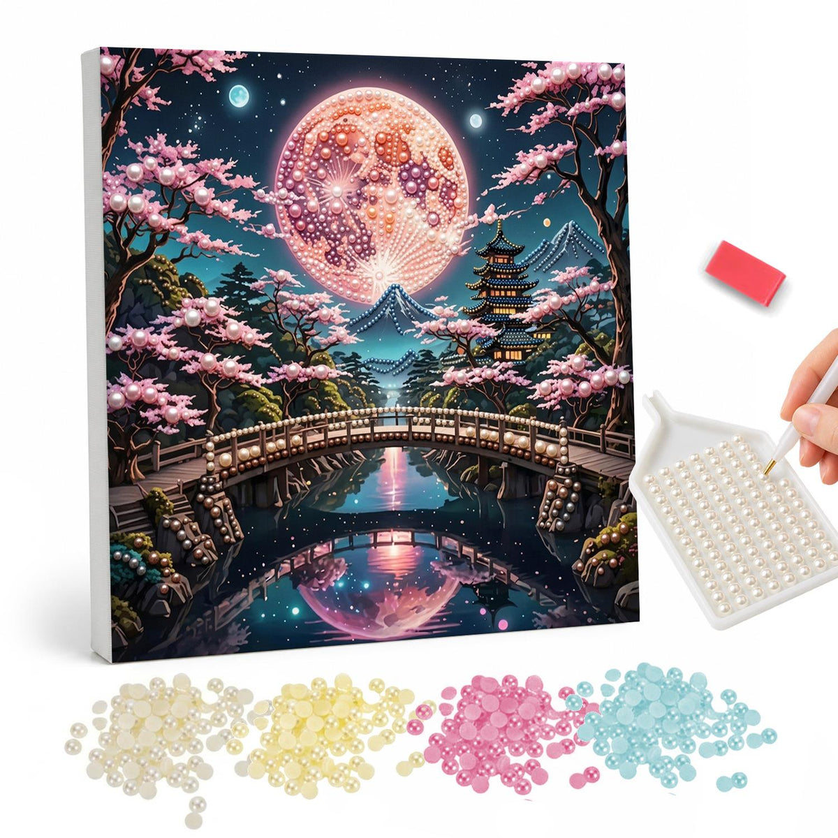 Pagoda Bridge Under a Rose Moon pearl painting – Arched bridge and pagoda among cherry blossoms beneath a huge pink full moon, mirrored in the river