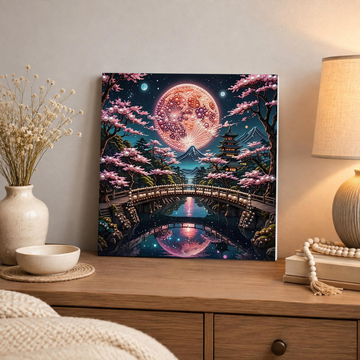 Pagoda Bridge Under a Rose Moon pearl painting – image 3