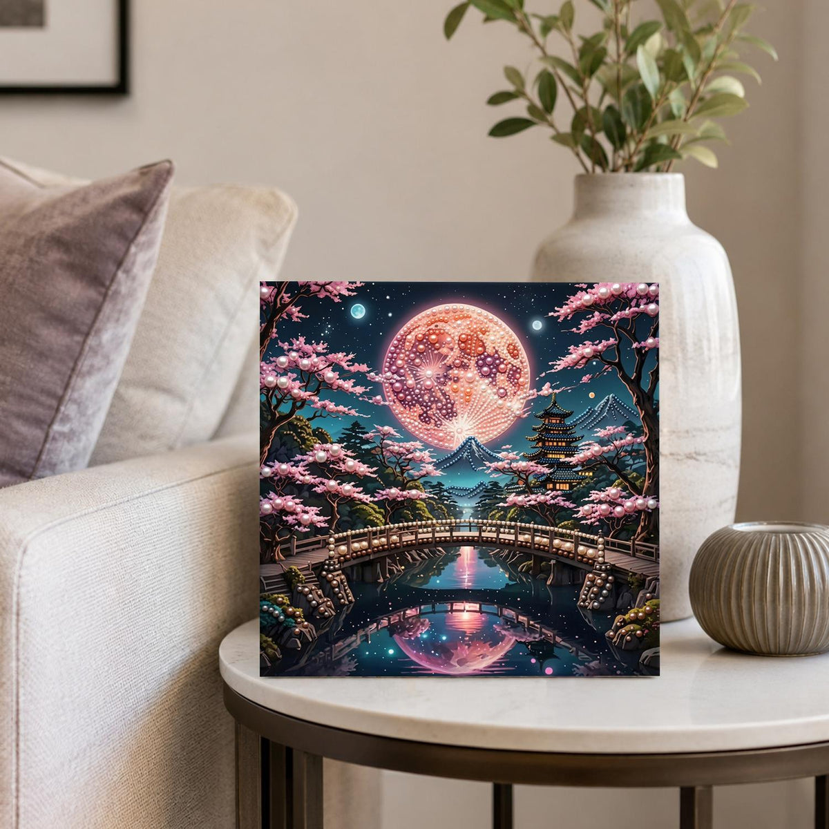 Pagoda Bridge Under a Rose Moon pearl painting – image 4