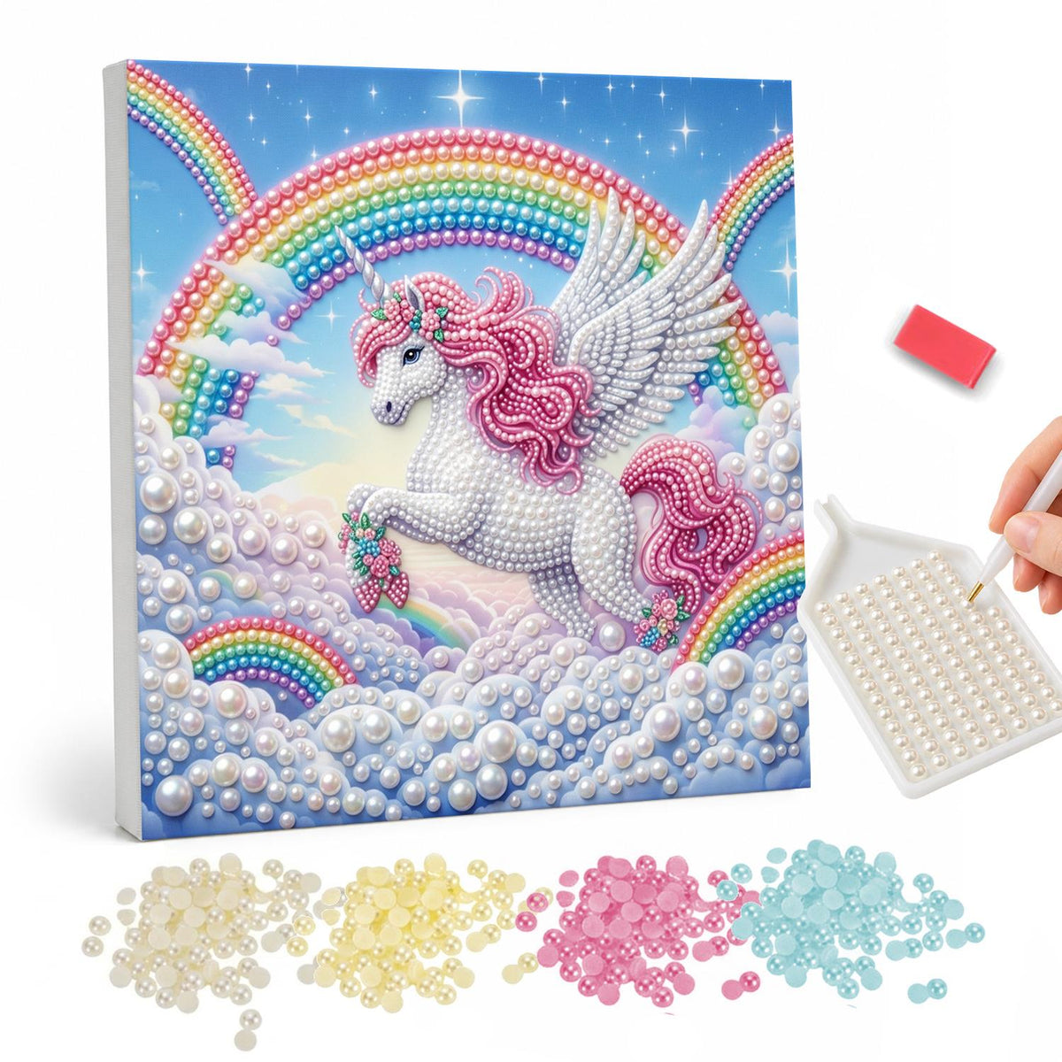 Winged Unicorn Leaping the Clouds pearl painting – White winged unicorn with a pink mane leaping across fluffy clouds between bright rainbows