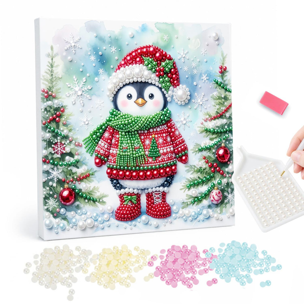 Penguin in a Christmas Jumper pearl painting – Penguin in a Santa hat, red patterned sweater, green scarf and red boots between decorated pines