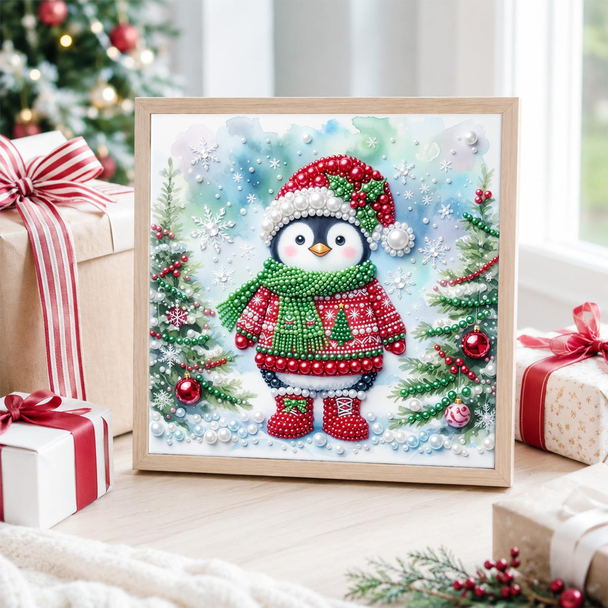 Penguin in a Christmas Jumper pearl painting – image 4