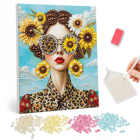 Sunny Specs and Leopard Print pearl painting – Woman with red lips in sunflower-lens glasses, sunflower earrings and leopard print, with daisies in her braided hair