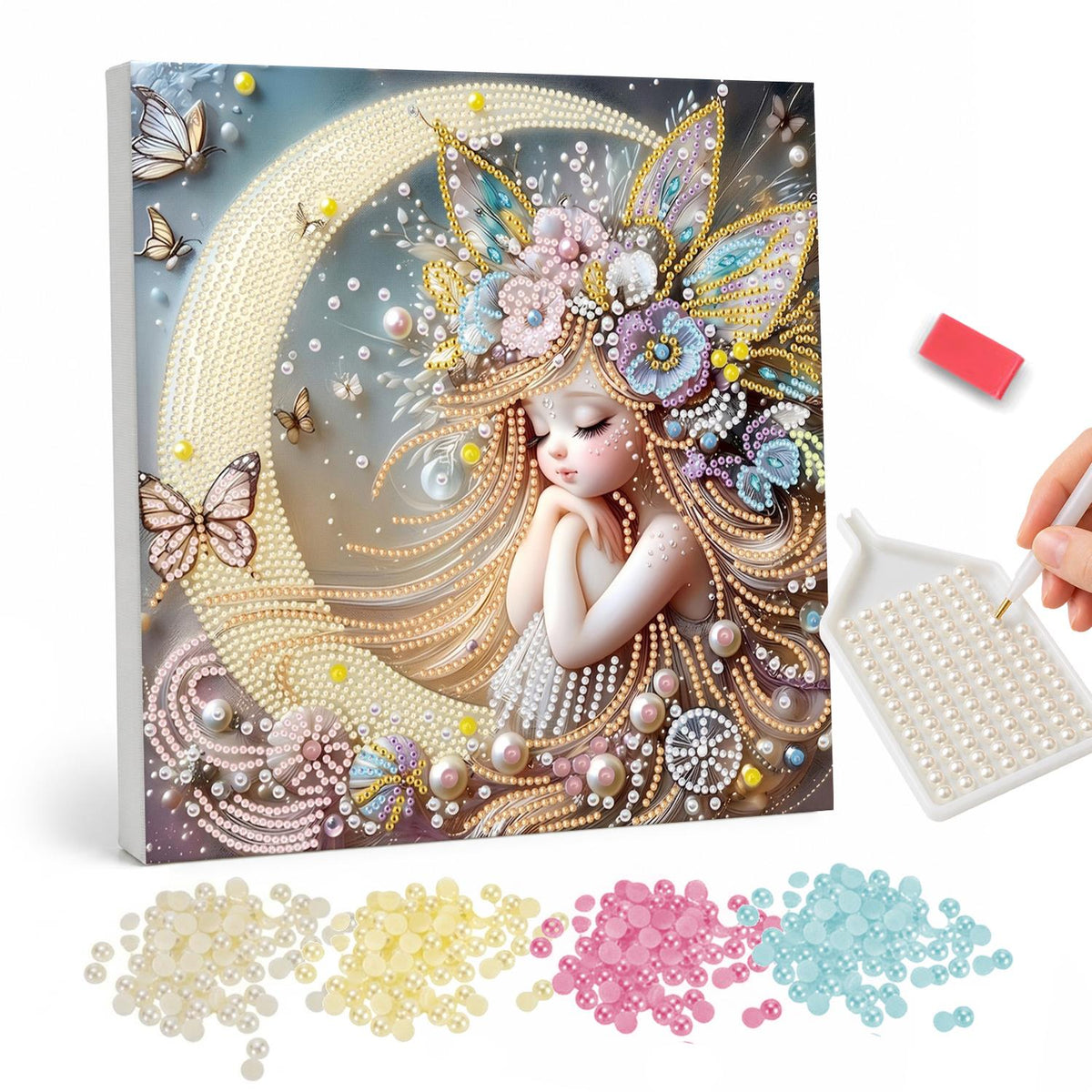 Moon Cradle Dreamer pearl painting – Sleeping girl with long golden hair and a flower crown curled in a crescent moon with butterflies