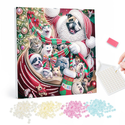 Santa Sack Brimming with Pets pearl painting – Bulldog in a Santa suit opening a red sack full of puppies and kittens beside a pets stocking