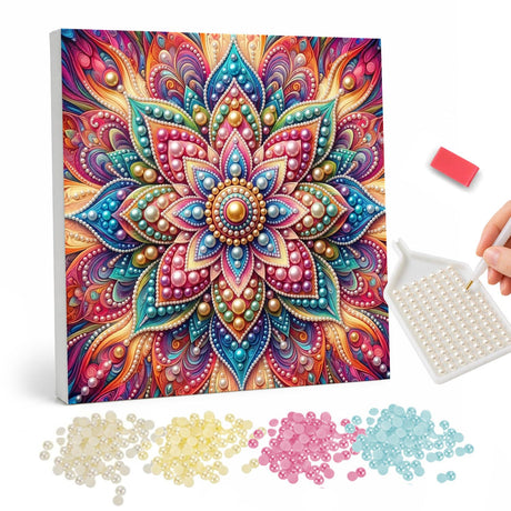 Coral and Turquoise Petal Mandala pearl painting – Layered flower mandala with a pink heart, teal and coral petals on a swirling orange and magenta background