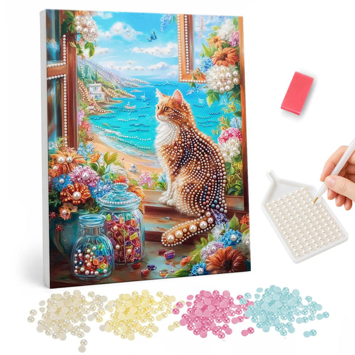 Tabby Overlooking a Turquoise Bay pearl painting – Tabby cat sitting on a windowsill beside glass jars and flowers, looking out at a turquoise bay