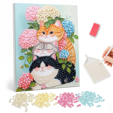 Stacked Cats in Hydrangeas pearl painting – Three chubby cats, ginger, gray and tuxedo, stacked among pink and blue hydrangeas