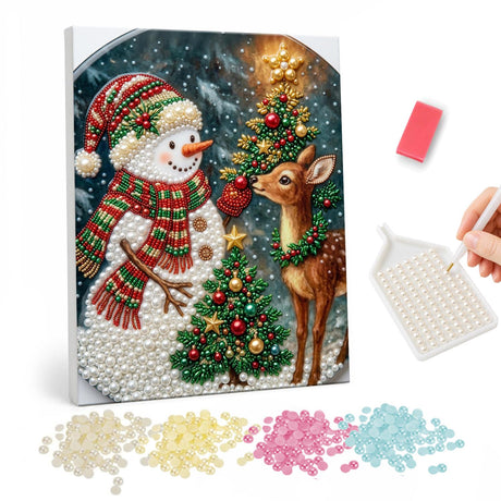 Snowman and Fawn Under the Star pearl painting – Snowman in a striped hat and scarf meeting a fawn wearing a wreath beside a star-topped tree