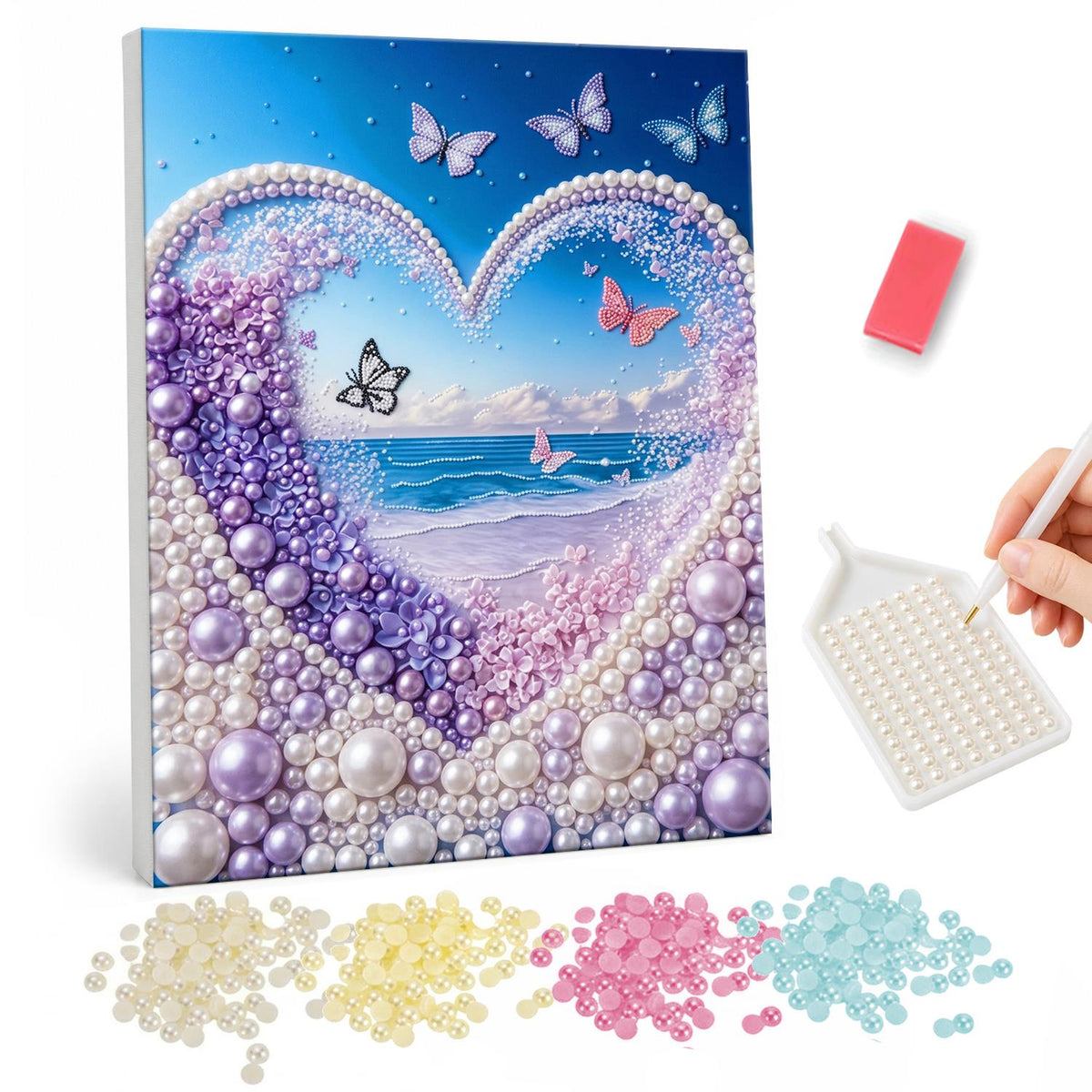 Lilac Heart Window to the Sea pearl painting – Heart-shaped frame of lilac and white beads around a calm sea view with butterflies in a blue sky