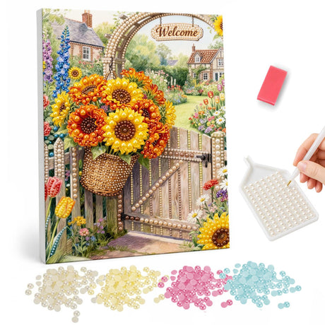Welcome Arch with Sunflower Basket pearl painting – Wooden garden gate under a welcome arch with a hanging basket of sunflowers and a cottage beyond