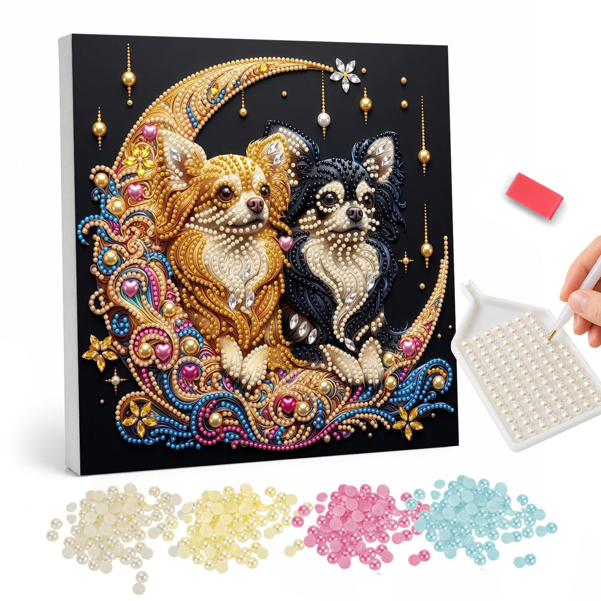 Chihuahua Pair on a Golden Moon pearl painting – Tan chihuahua and black and white chihuahua sitting together on an ornate golden crescent moon on black