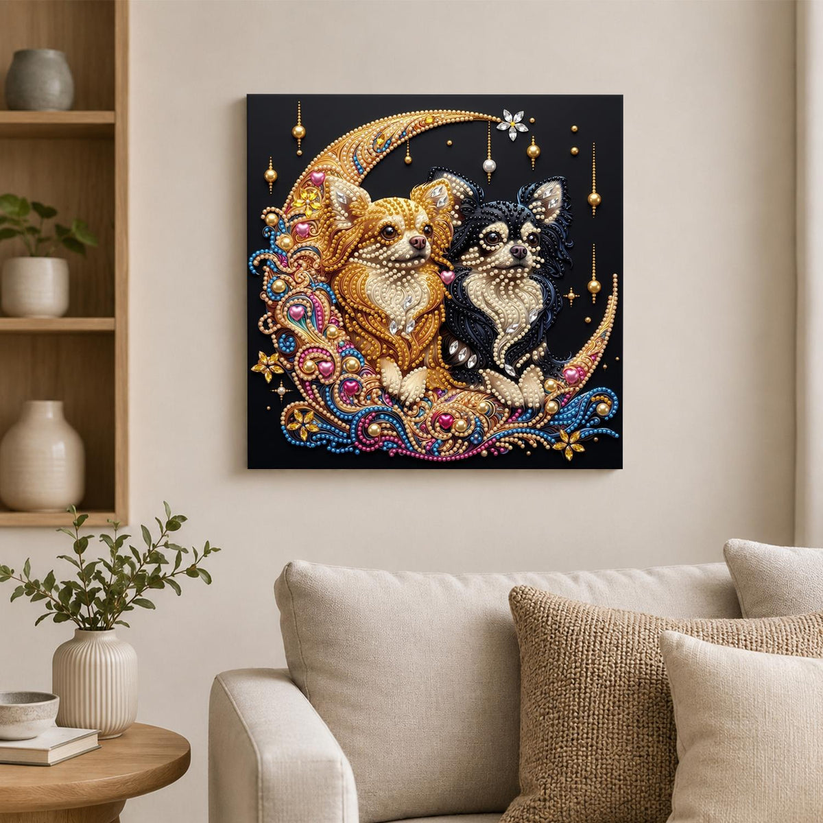 Chihuahua Pair on a Golden Moon pearl painting – image 2