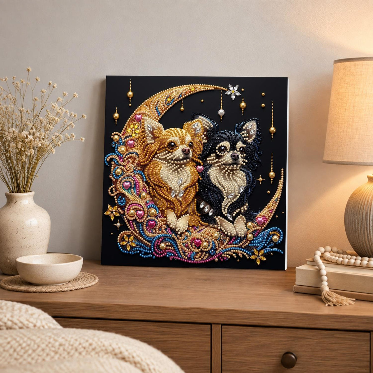 Chihuahua Pair on a Golden Moon pearl painting – image 3
