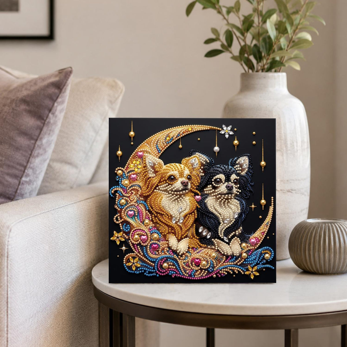 Chihuahua Pair on a Golden Moon pearl painting – image 4
