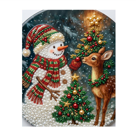 Fawn and Snowman by the Fir pearl painting – Snowman in a striped scarf offering a red bauble to a wreath-collared fawn beside a small fir tree