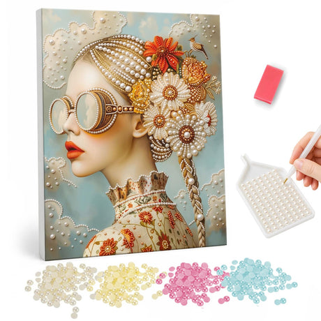 Pearl Art Portrait of a Woman with Floral Headwear pearl painting – image 1