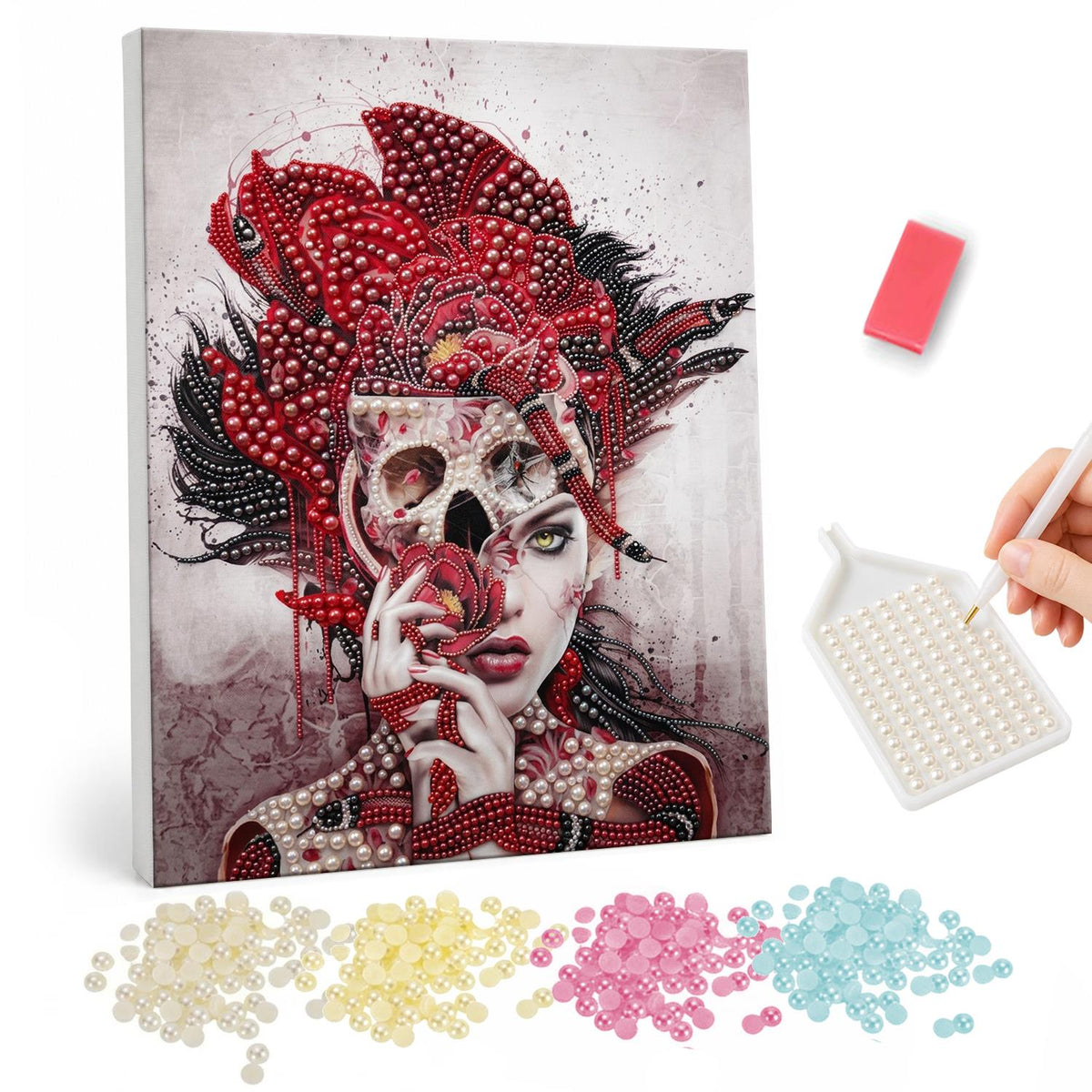 Half-Skull Lady in Crimson pearl painting – Woman with half her face painted as a skull, hand at her cheek, in a red and black feathered headdress