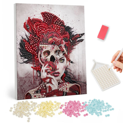 Half-Skull Lady in Crimson pearl painting – Woman with half her face painted as a skull, hand at her cheek, in a red and black feathered headdress