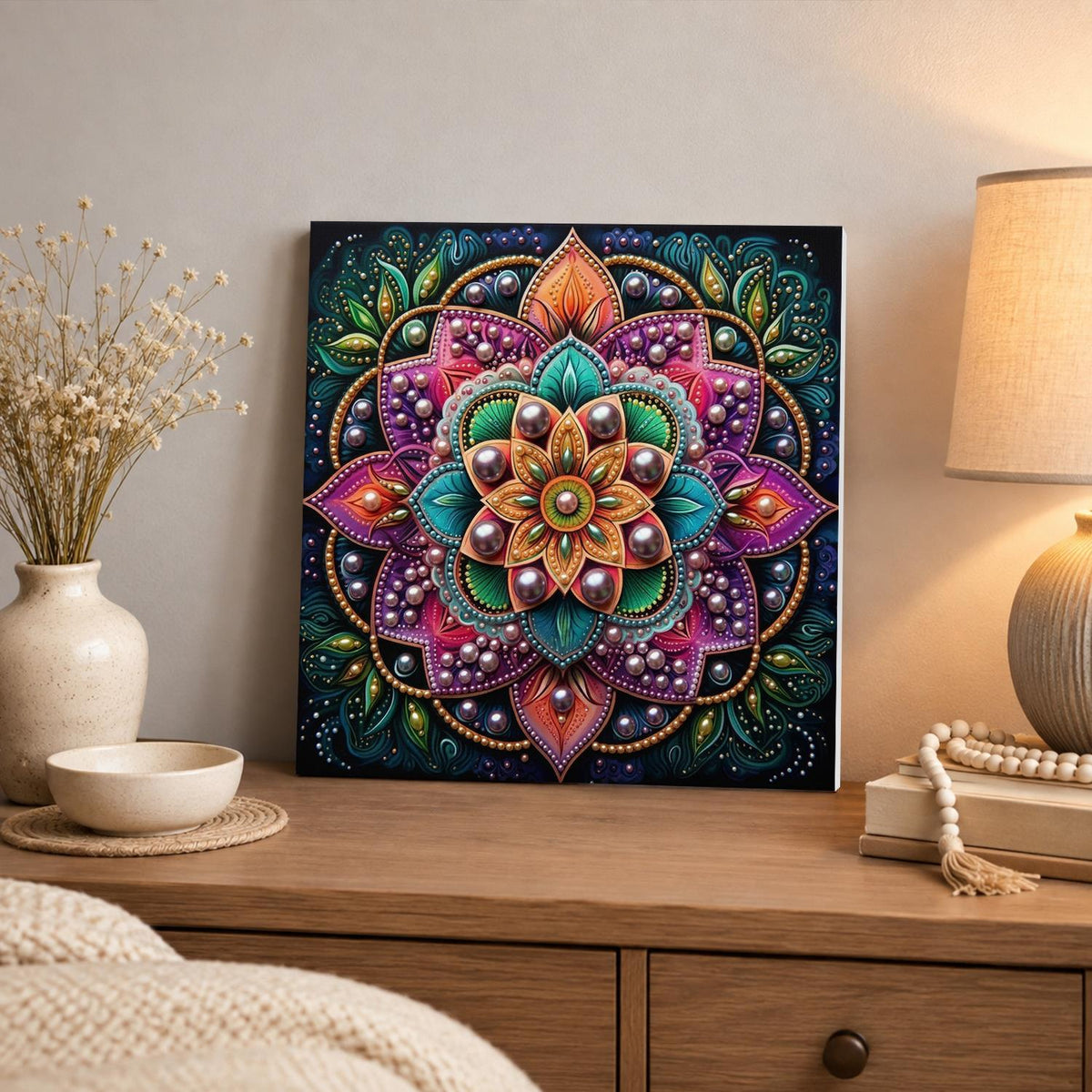 Pink Lotus Mandala on Black pearl painting – image 3