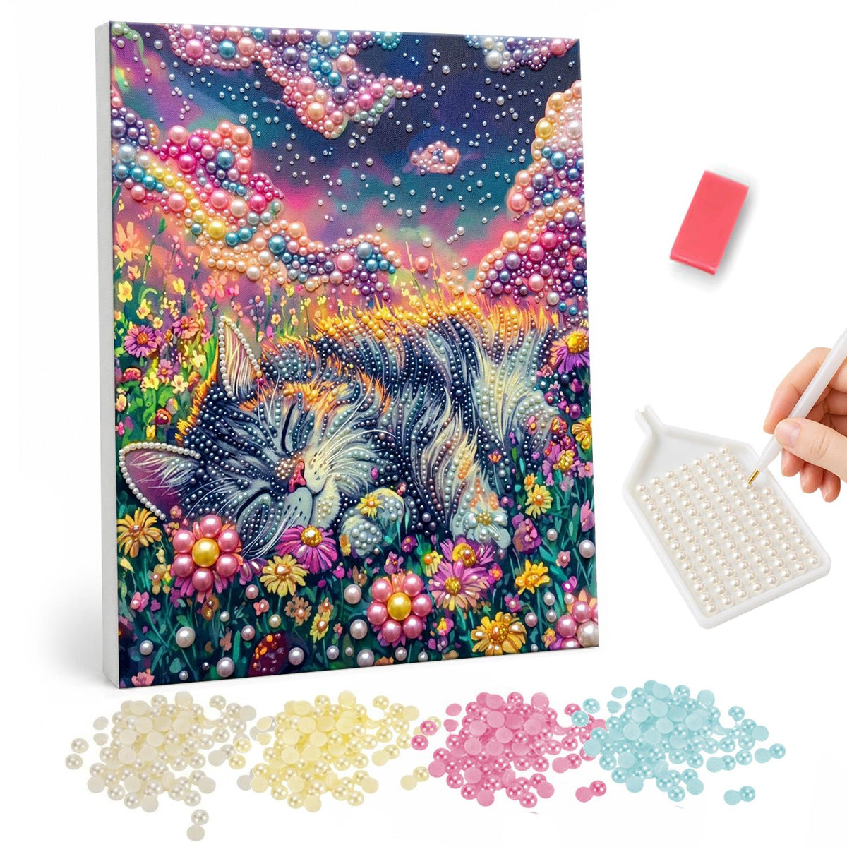 Tabby Napping in a Flower Field pearl painting – Gray tabby cat curled up asleep in a field of bright flowers beneath pink and purple clouds