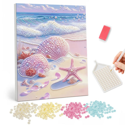Seafoam Wave and Pink Shells pearl painting – Pink and lilac scallop shells and a pink starfish on rosy sand as white seafoam waves roll in