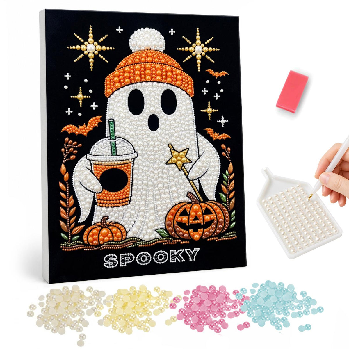 Iced Coffee Ghost in a Beanie pearl painting – Cute ghost in an orange knit beanie holding an iced coffee beside a jack-o'-lantern, with stars and bats, on black