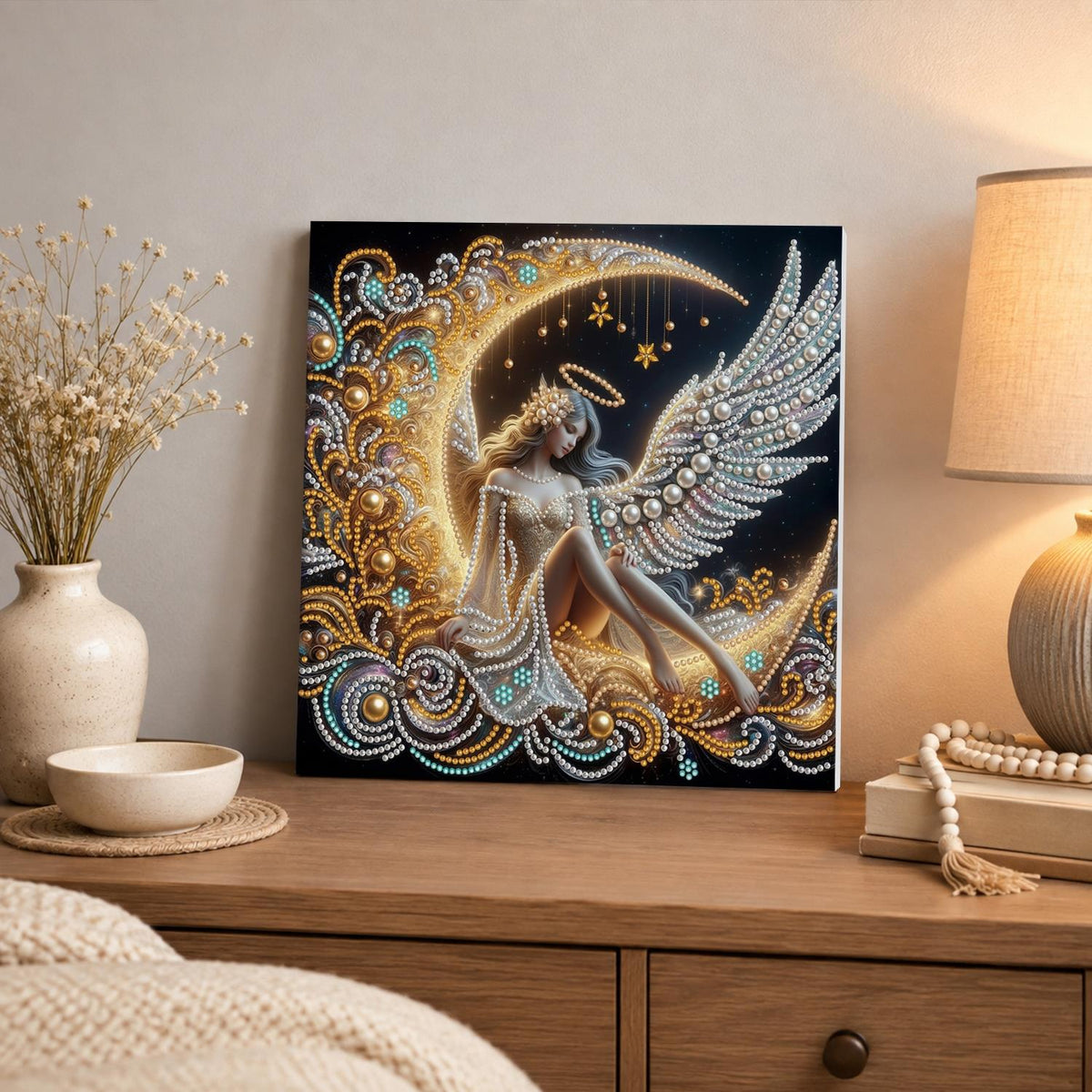 Haloed Angel on a Golden Moon pearl painting – image 3
