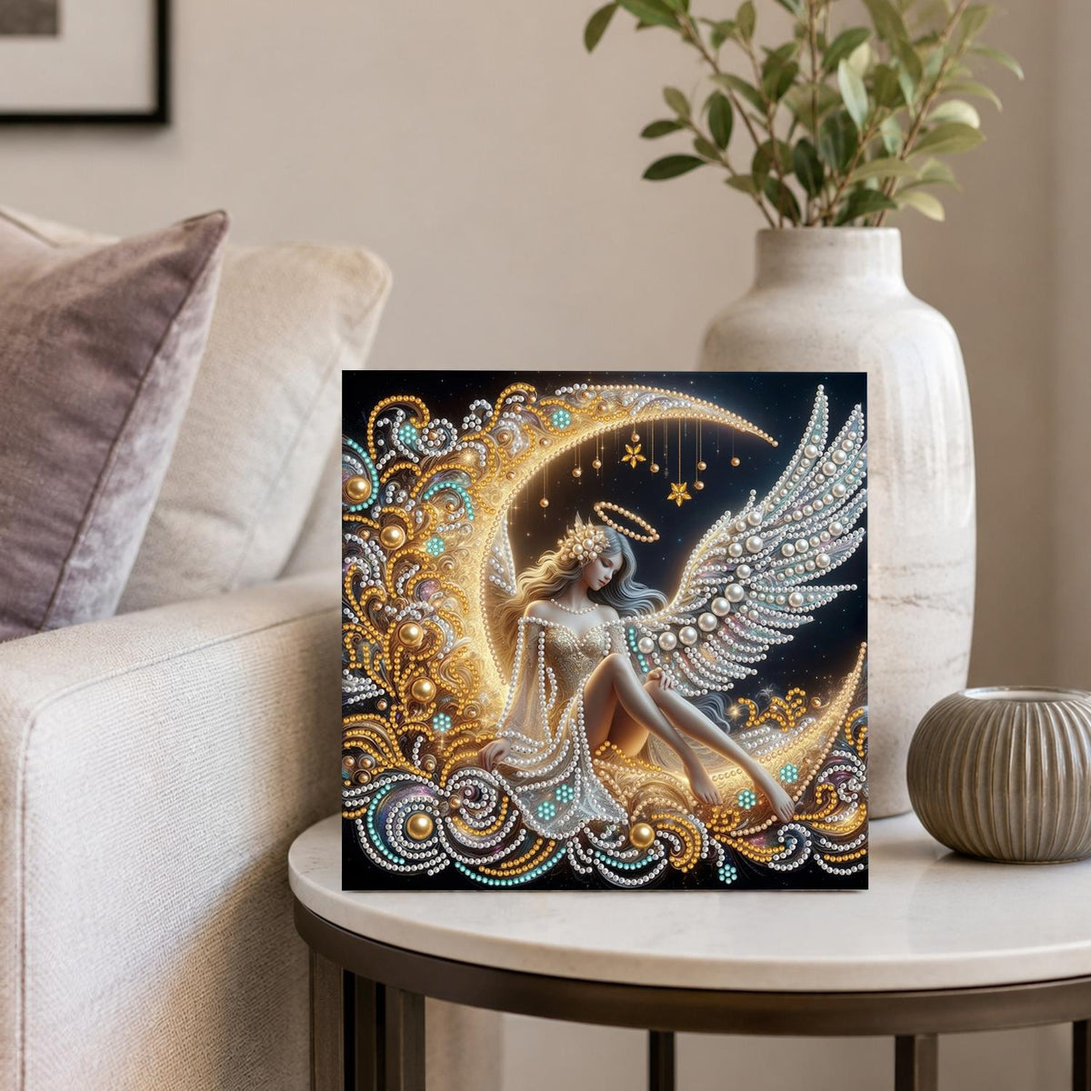 Haloed Angel on a Golden Moon pearl painting – image 4