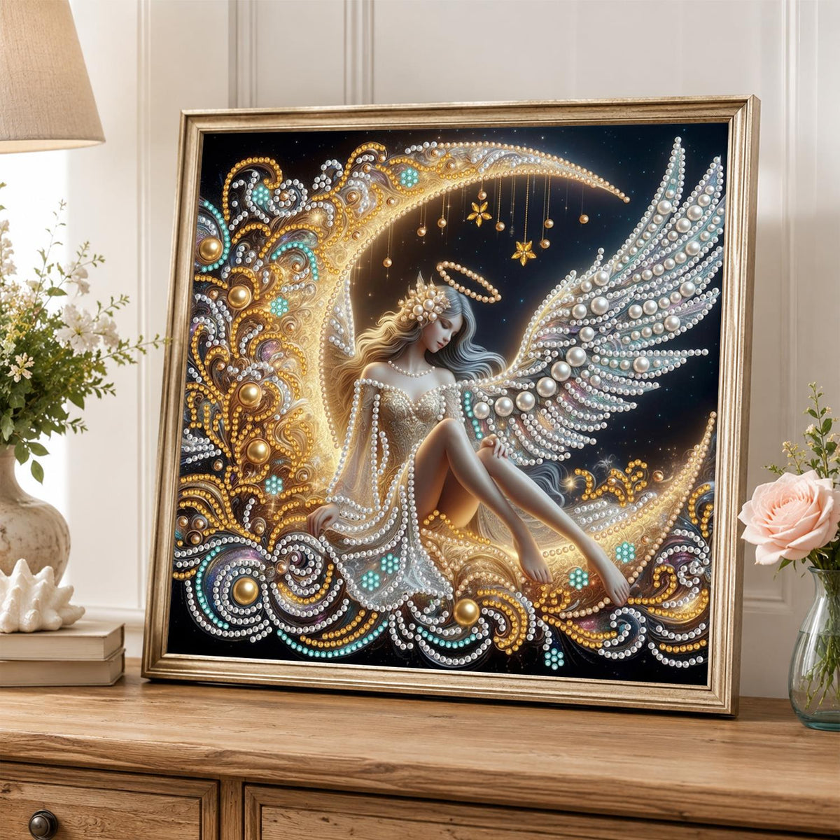 Haloed Angel on a Golden Moon pearl painting – image 5