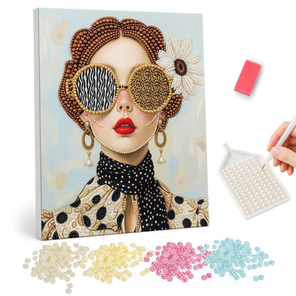 Polka Dot Scarf and Safari Shades pearl painting – Woman with auburn braided hair, red lips and zebra and leopard print sunglasses wearing a polka-dot scarf