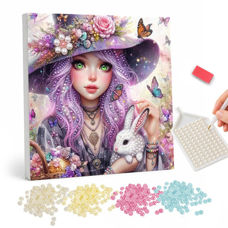 Lavender Haired Girl and White Rabbit Pearl Painting Kit pearl painting – image 1