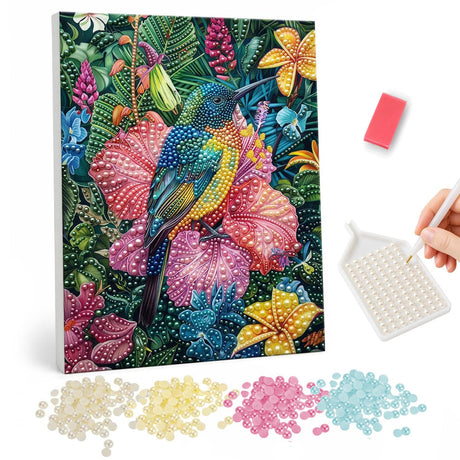 Colorful Hummingbird and Tropical Flowers pearl painting – image 1