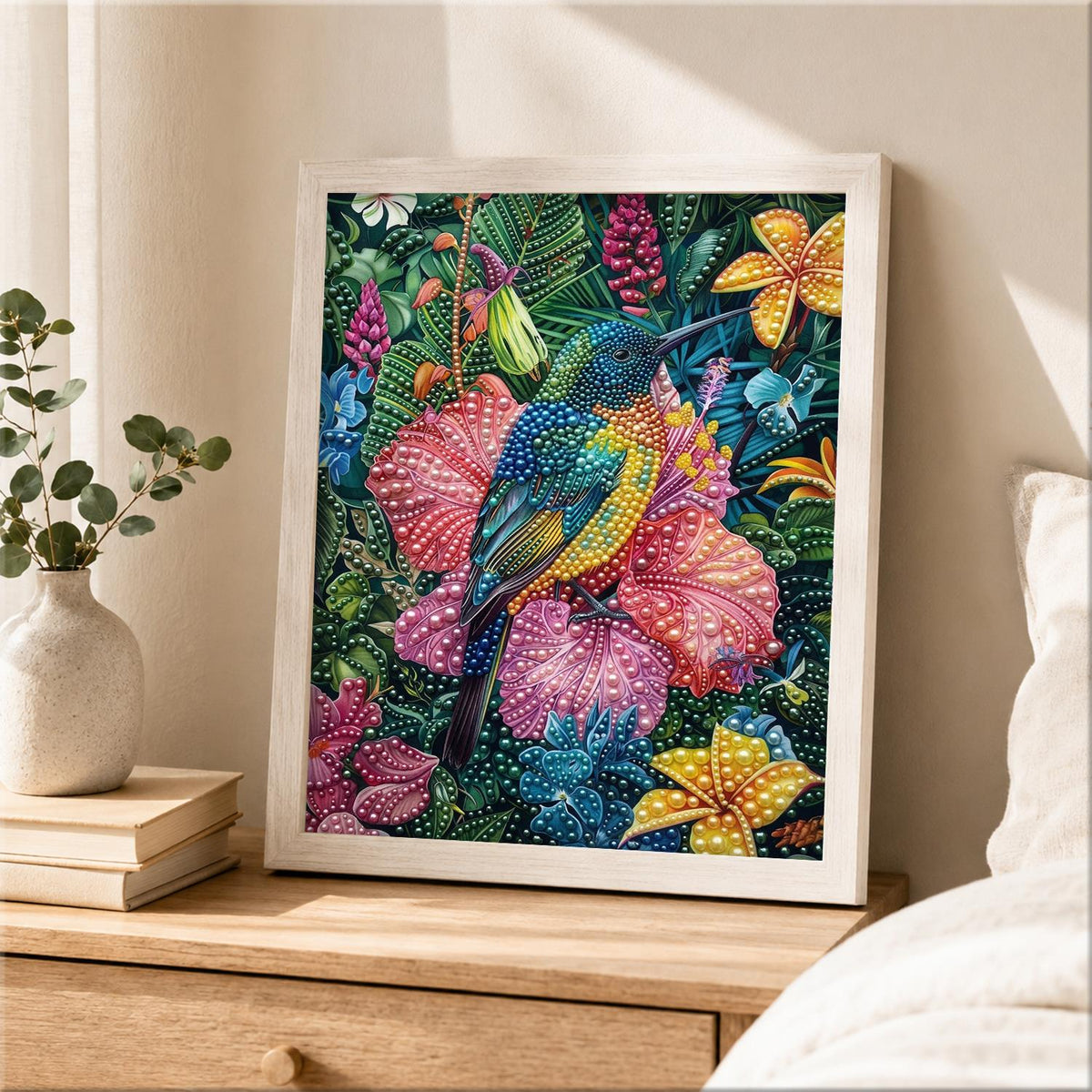 Rainforest Hummingbird and Lilies pearl painting – image 2